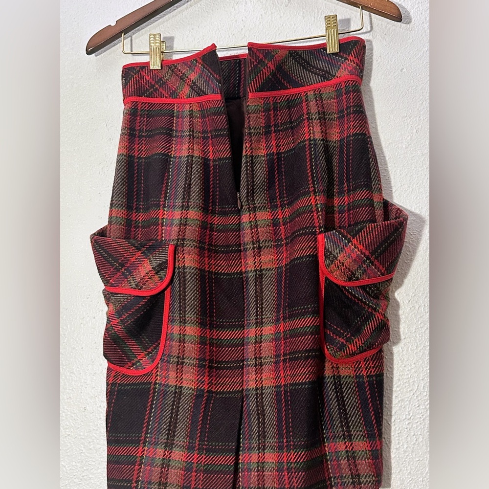 PLENTY by Tracy Reese Anthropologie Wool Midi Skirt Red Black Plaid Pockets SZ 2 - Picture 10 of 16